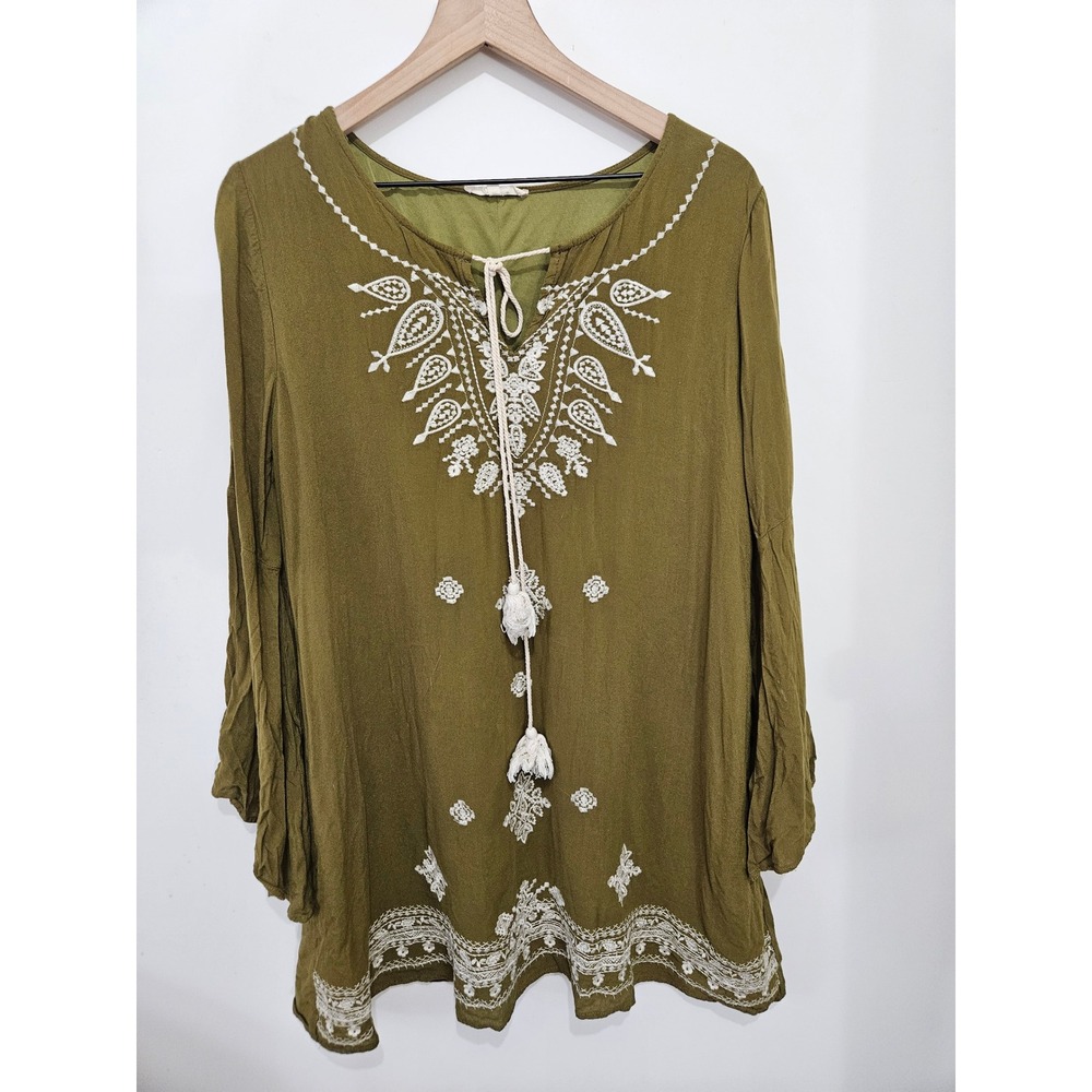 Entro Olive Green Embroidered Boho Tassel Tie Tunic Top D3522‎ L